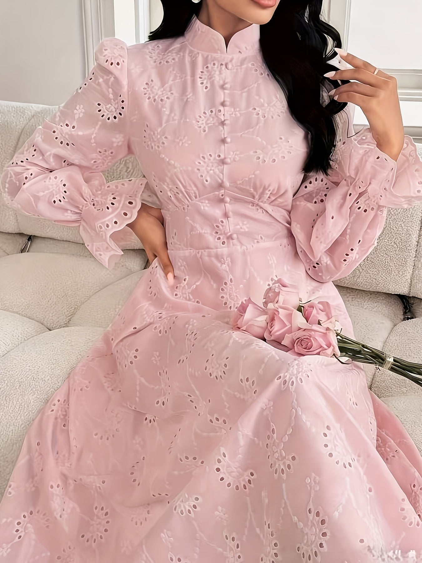 Women'S French Embroidered Stand Collar Puff Sleeve Dress Featuring a Ruffled Design, Suitable for Dates, Vacations, Parties, And Everyday Commuting.