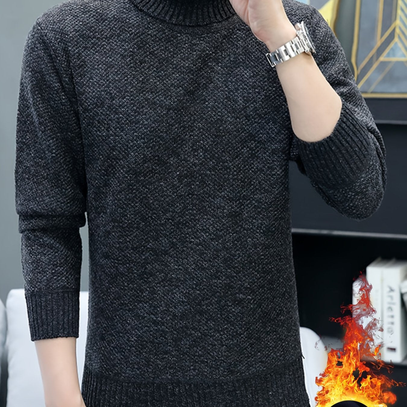 Men'S High-Neck Thickened Fleece Sweater for Autumn And Winter, Casual Pullover Knit Top.