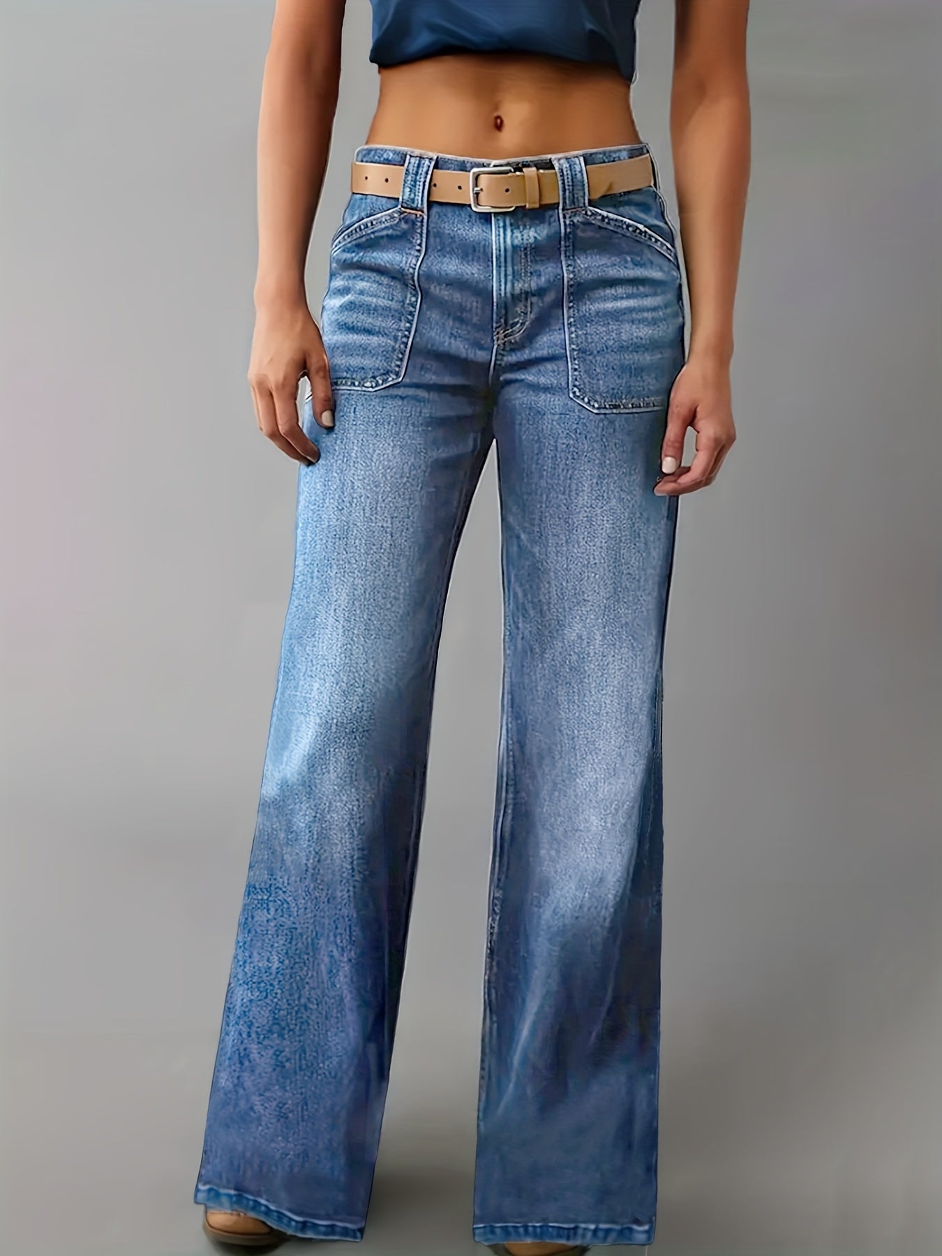 Jeans Femme Extensible Coupe Ample Jambe Droite Bleu Clair Poches Style Rétro 90s Décontracté Toute Saison Confortable Bureau et Voyage