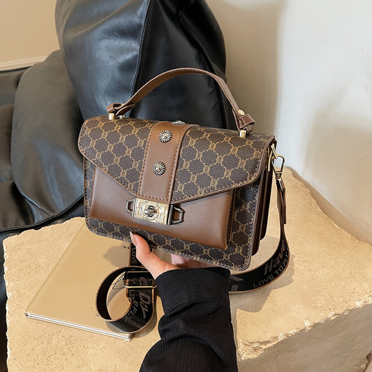 Sac femme motif géométrique en simili cuir, bandoulière réglable, fermeture dorée, intérieur spacieux