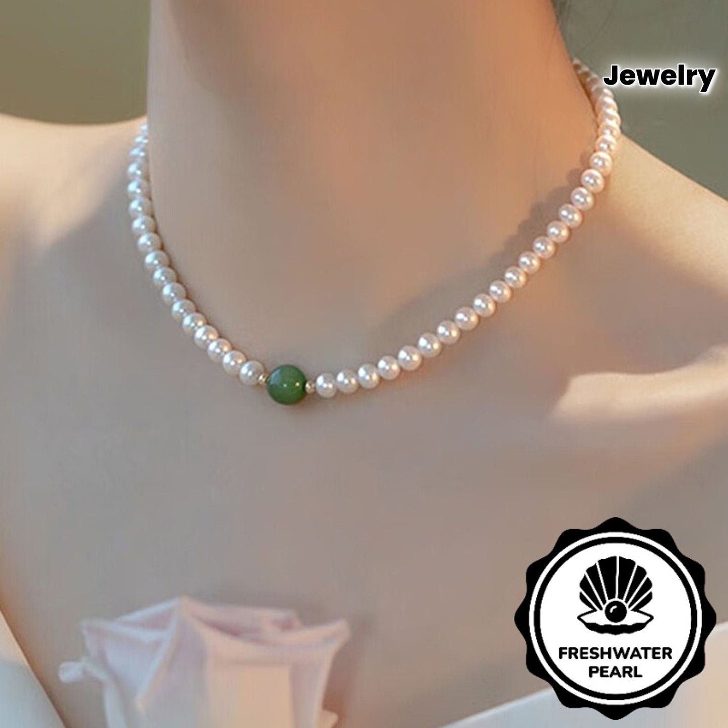 Collier élégant style français en perles d’eau douce avec calcédoine verte, parfait pour mariages, banquets ou cadeaux fête des mères, bijou raffiné en perles