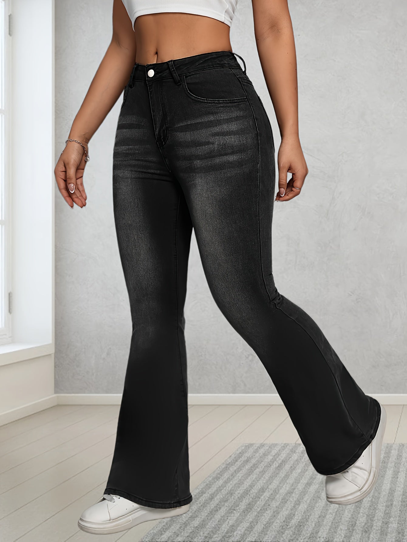 Jeans Femme Taille Haute Évasé Extensible Jambe Large Boutons Ceinture Non Incluse Toute Saison Effet Usé Décontracté et Formel Lavable