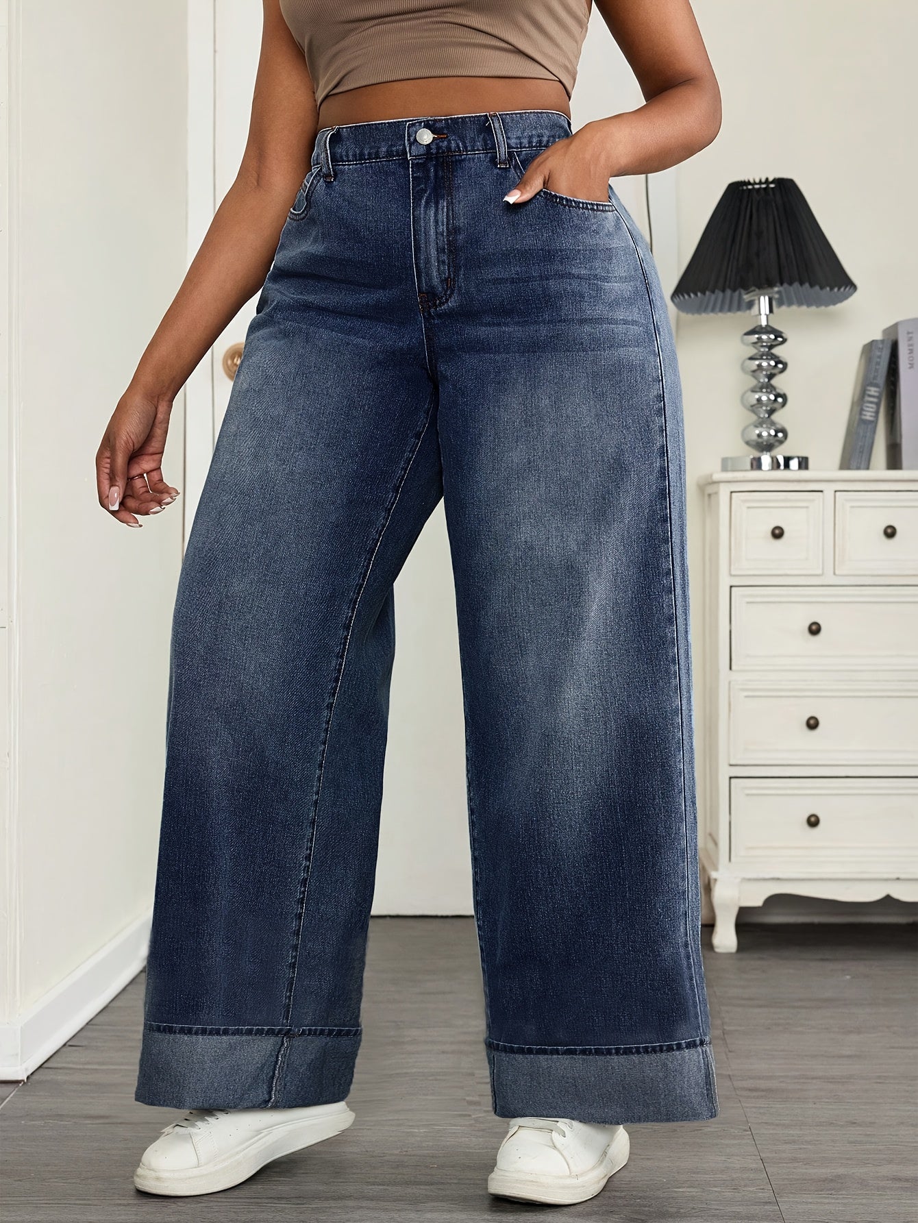 Jeans Femme Grande Taille Jambe Droite Bleu Foncé Non Extensible Fermeture Zippée Toute Saison Polyvalent