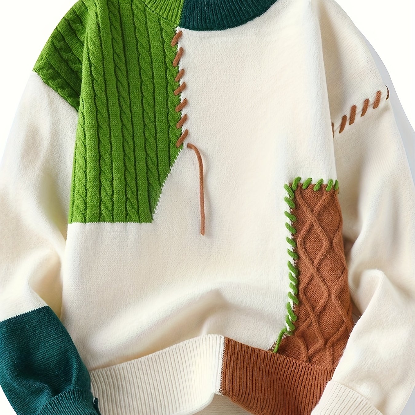 Men'S Korean Style Round Neck Sweater, Youth Fashion Patchwork Ribbed Thickened Warm Knit Shirt, Autumn and Winter New Color Block Casual Base Layer 668