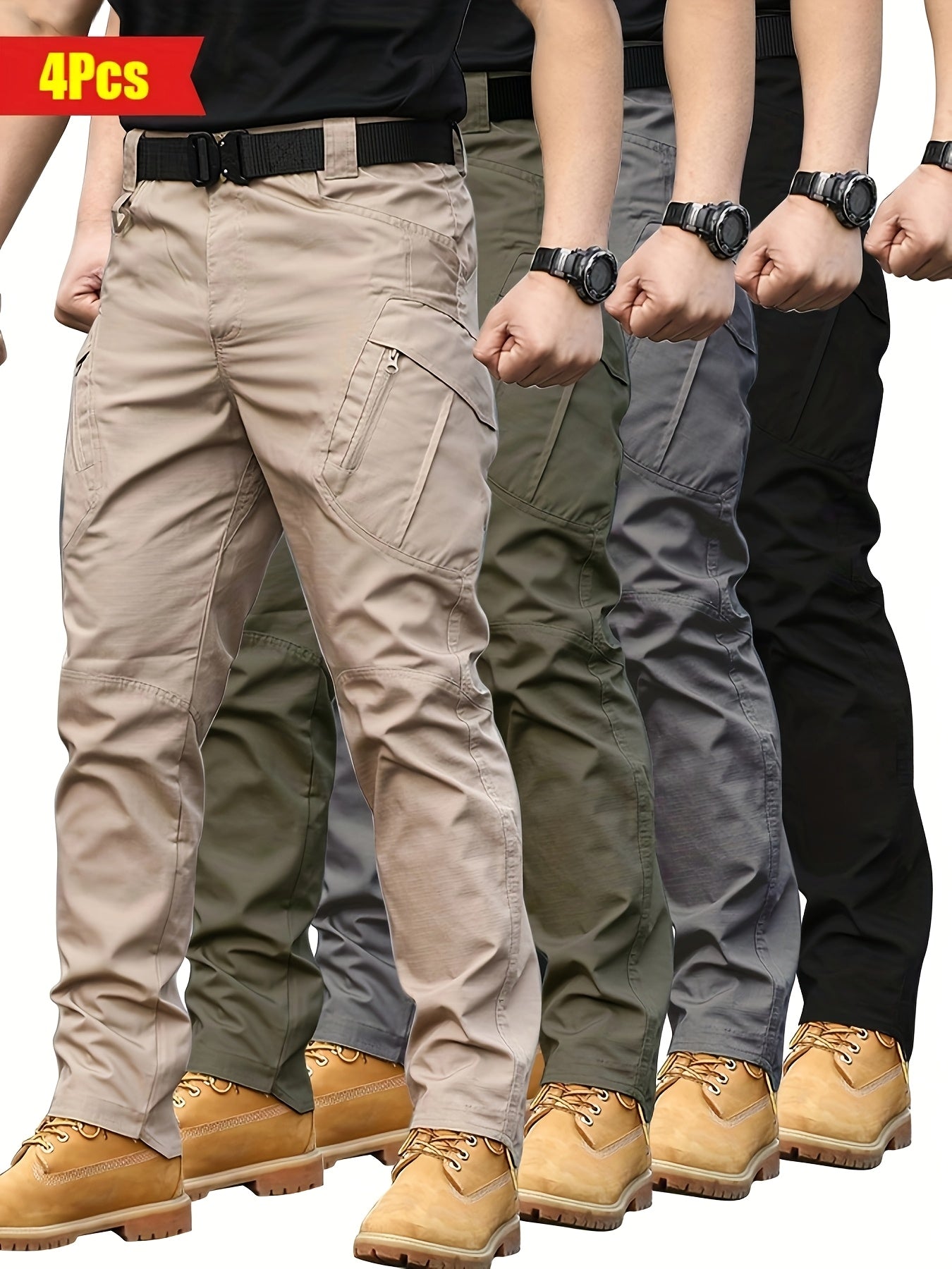 Pantalon cargo tactique pour homme (4 pièces) – multi-poches, taille ajustable, polyester non extensible, tissu durable, idéal pour randonnée, pêche, escalade et usage quotidien