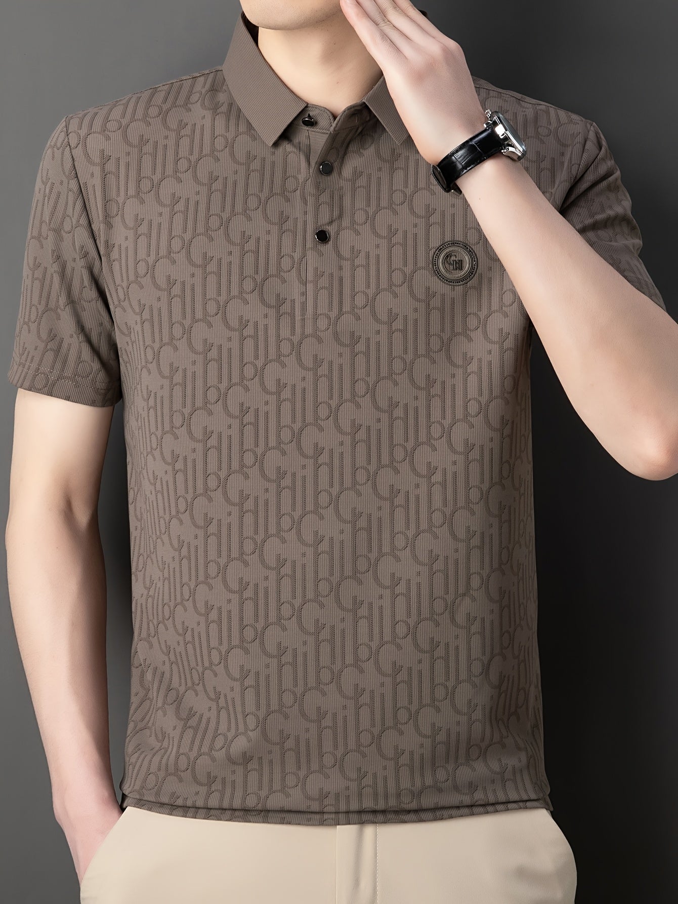 Men'S Breathable Summer Graphic T-Shirt - Short Sleeve, Button-Up Collar, Casual Streetwear with Stylish "H" Print Design, Lightweight Polyester Fabric for Golf, Tennis & Weekend Outing