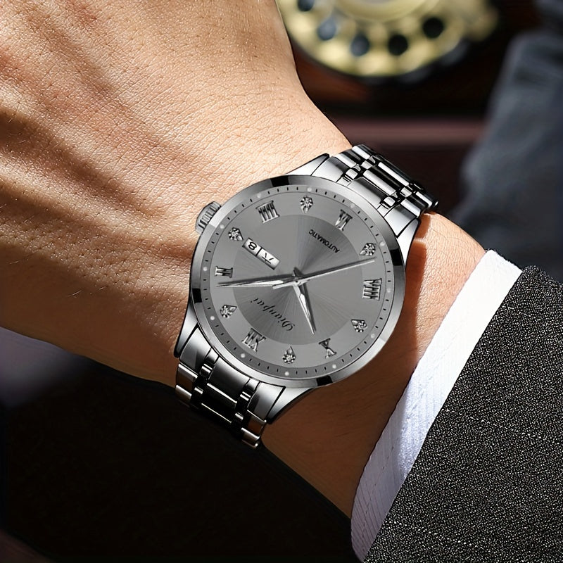 Men'S Automatic Mechanical Watch with Calendar & Date Display, Luminous Hands, Roman Numerals, Stainless Steel Strap & Case, Business Style Luxury Wristwatch, Date Display Watch | Elegant Wristwatch | Durable Watch, W