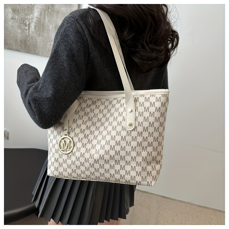 Sac à Main Femme Élégant en Cuir Synthétique à Motif Géométrique – Bandoulière Chaîne Dorée et Logo « M », Grande Capacité avec Multiples Compartiments, Fermeture Éclair, Convertible en Sac à Épaule pour Usage Quotidien, Accessoire Haut de Gamme