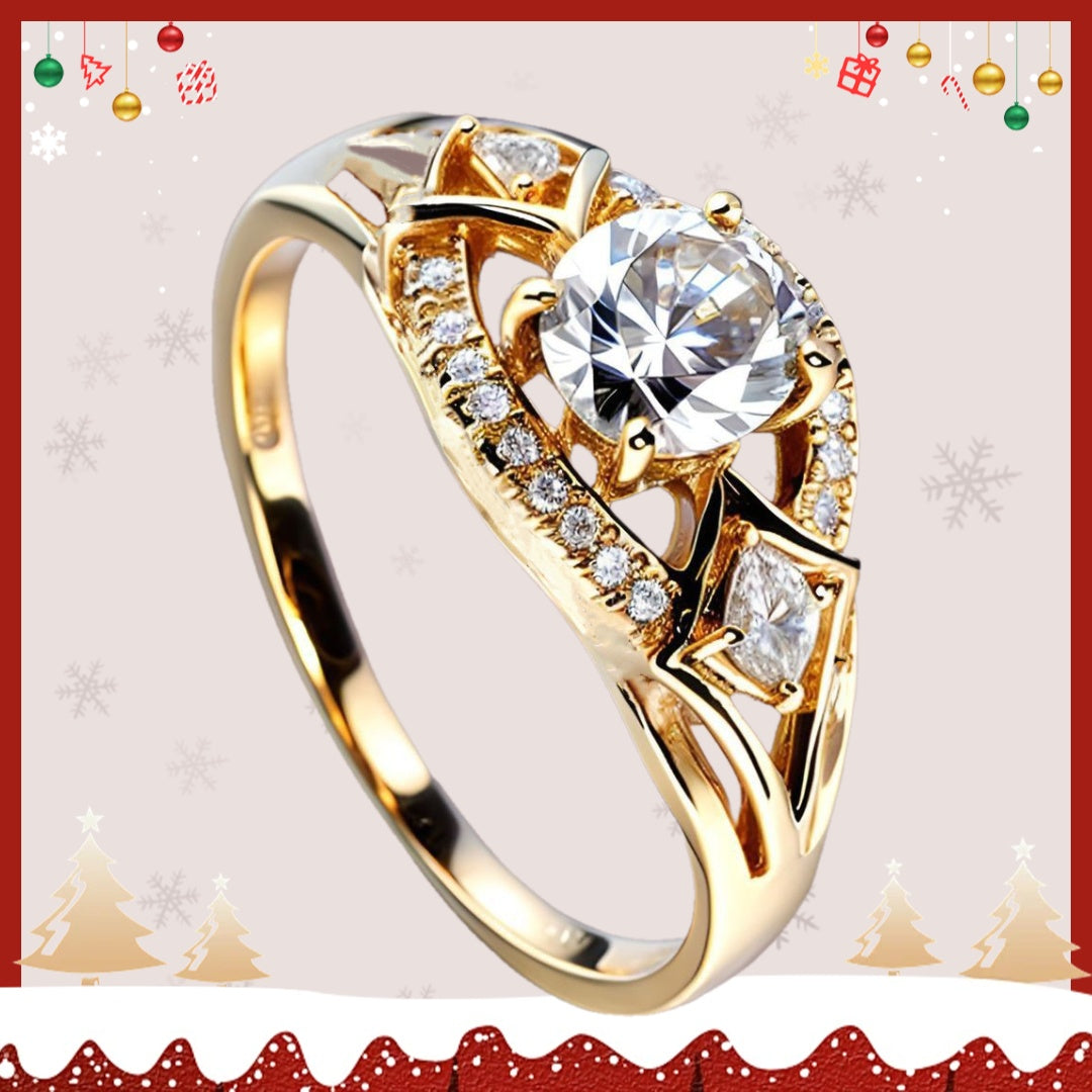 An Exquisite Elegant Luxurious Women's Fashion Personality Wedding Promise Engagement 18K Gold Plated Copper Ring with Round Synthetic Synthetic Zirconia, Suitable for Daily Banquet Celebration Holiday Wear, Party Accessory,