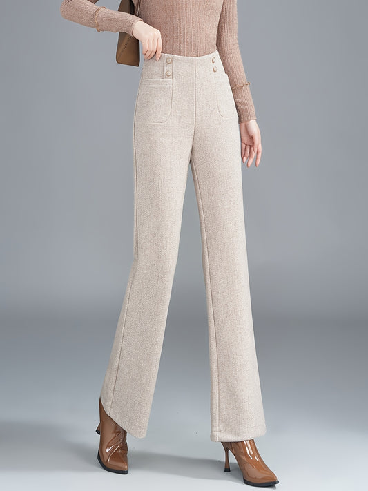 Pantalon Femme en Tweed Laine-Mélange – Jambe Droite, Taille Élastique avec Boutons, Marron Foncé, Automne/Hiver, Élégant et Décontracté