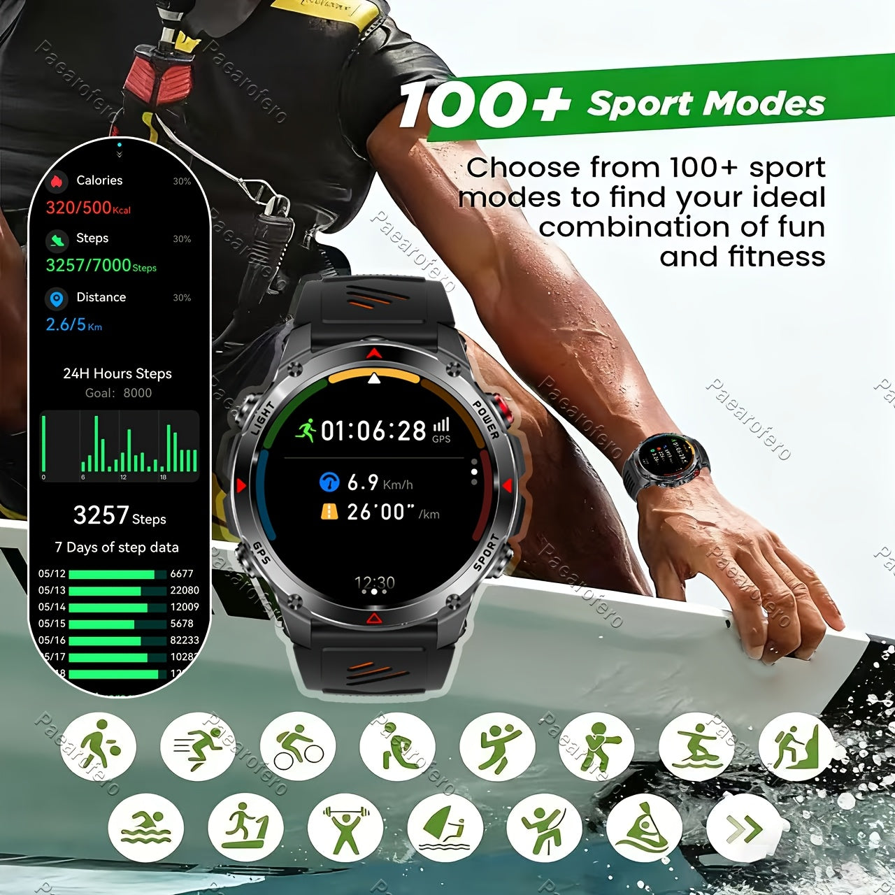 2025 new GPS smartwatch with flashlight, full touch screen, wireless calling, music playback, for iPhone/Android, equipped with GPS, compass, altimeter, barometer, calendar, calculator, calorie pedometer, fitness tracker, swi