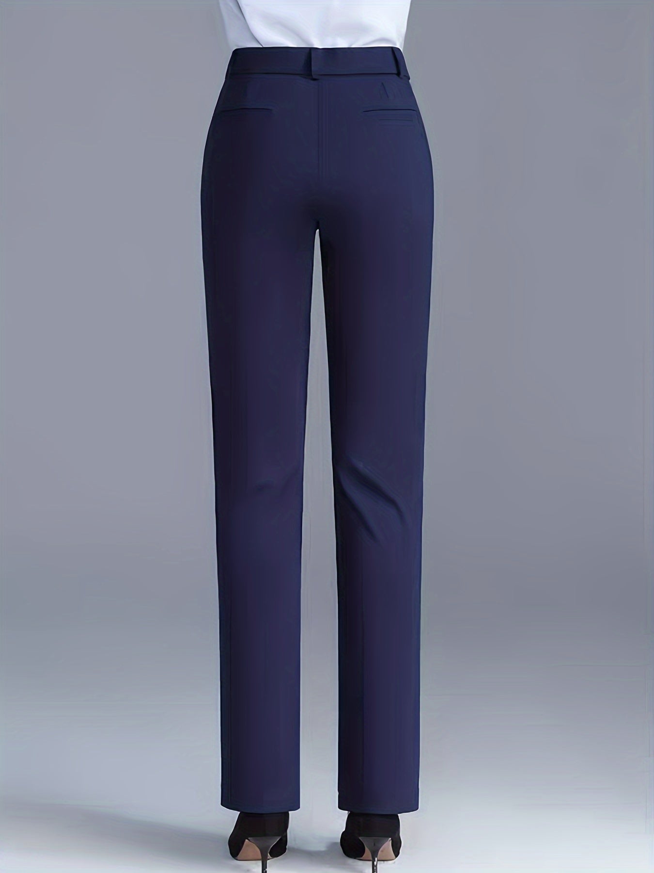 Pantalon Femme Taille Haute – Jambe Droite Noir, Confortable, Taille Élastique, Boutons, Bureau et Décontracté