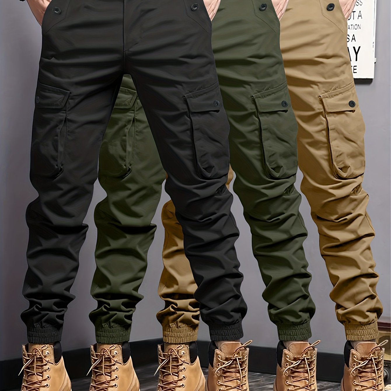 3pcs Pantalons Cargo Homme – Multipoches, Cordon Élastique, Tissu Résistant, Outdoor & Casual