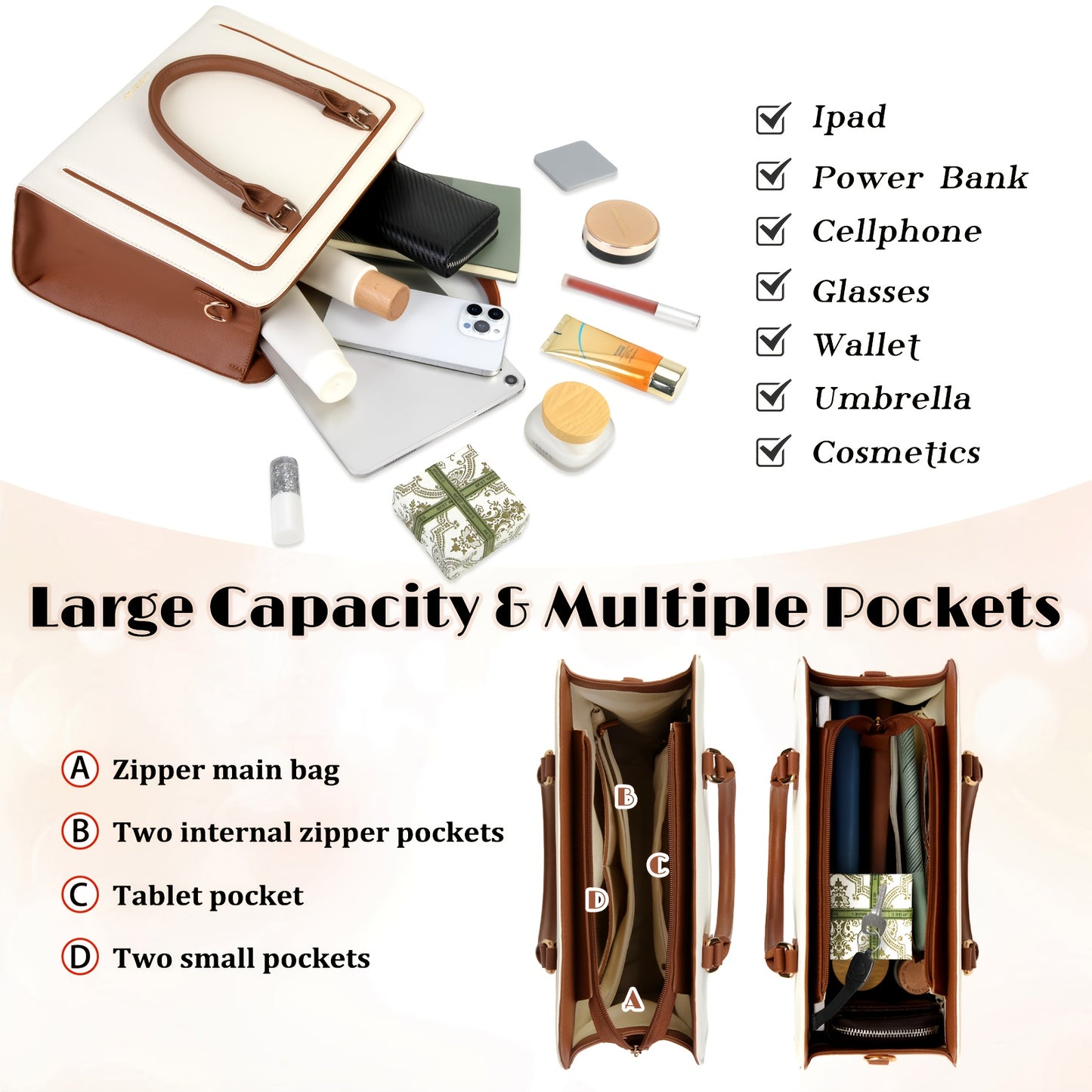 Sac fourre-tout élégant Lubardy pour femmes en simili cuir synthétique, bandoulière amovible et réglable, fermeture éclair et doublure polyester – Blanc/Noir/Marron, polyvalent pour travail, voyage, sorties et usage quotidien