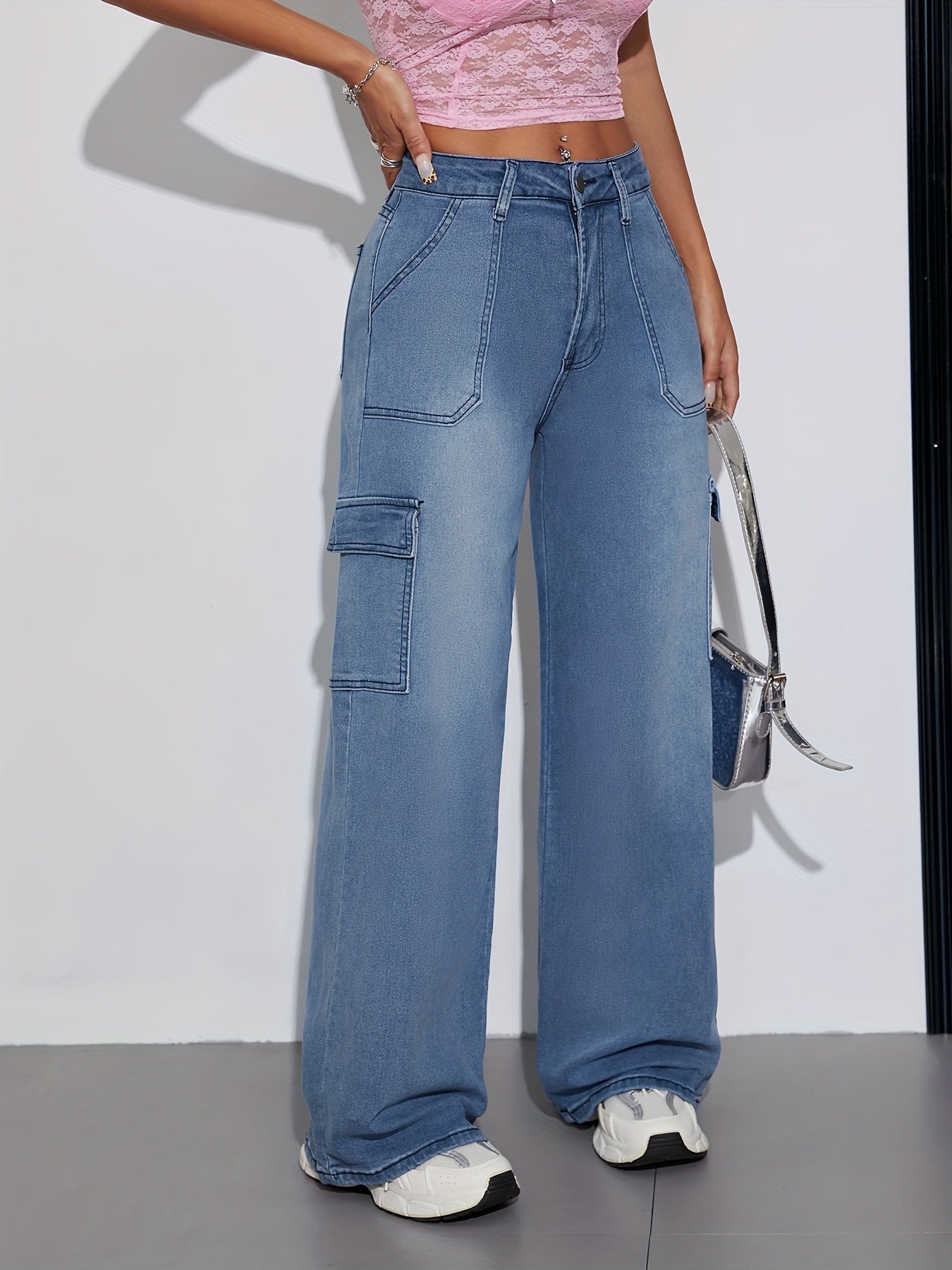 Jeans Cargo Femme Extensible Taille Mi-Haute Couleur Unie Boutons Lavable