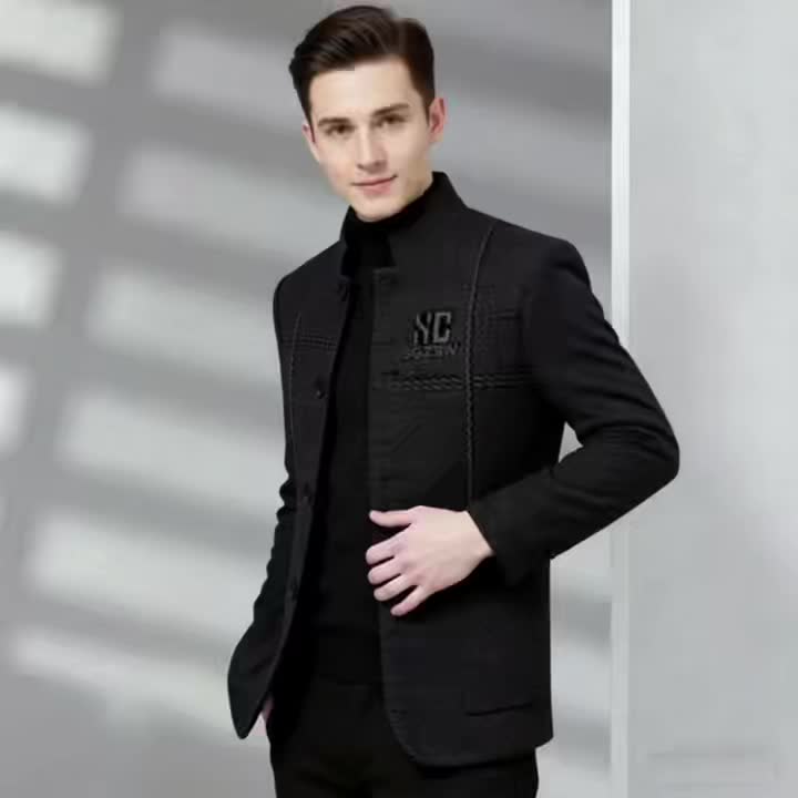 Men'S Stand Collar Business Casual Jacket | Non-Stretch Fabric, Alphabets Pattern, Long Sleeve, Single Breasted, Regular Fit for Spring/Fall