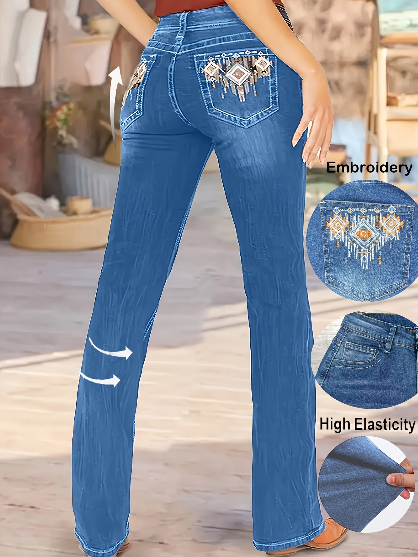 Jean droit casual pour femmes – Polyester extensible, couleur unie, fermeture éclair et bouton