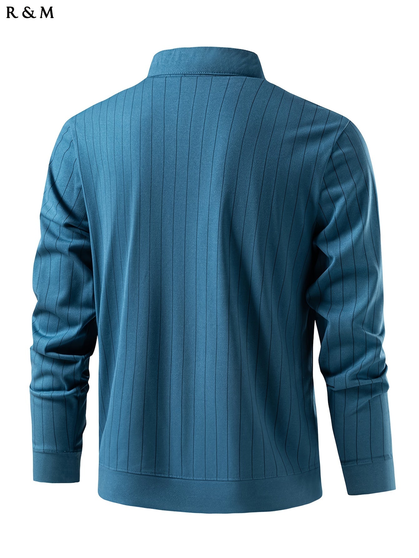 Mens Slimming Vertical Striped Long Sleeve T-Shirt - Light Business Style, Stand Collar, Four-Season Comfort, Regular Fit, Black with Dark Stripes, Hand Wash Only, Casual Wear, Elegant Pullover, Durable Casual Wear