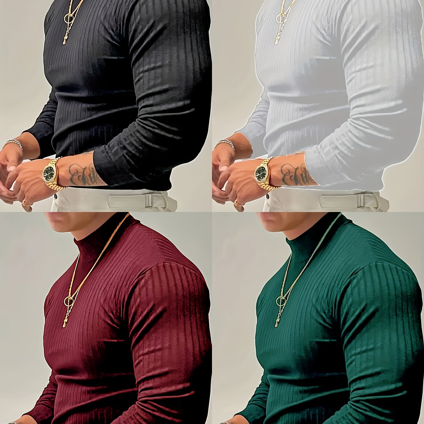 Set of 4 Men'S Solid Color Textured Ribbed Slim-Fit Long Sleeve T-Shirts for Casual Sports.