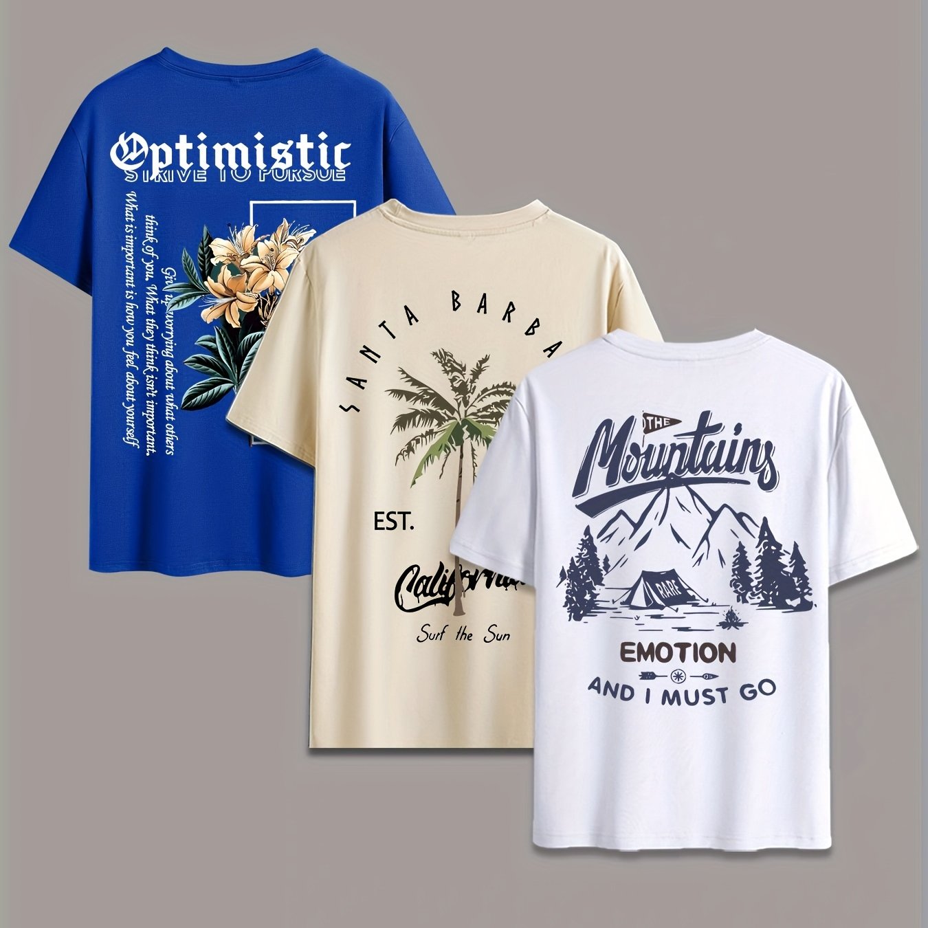 3pcs Men's Summer Palm Tree & Coconut Lettering Print T-Shirts - Tropical Themed Casual Round Neck Tees Suitable for Beachwear, Poolside & Everyday Summer Outfits - 3pcs Bulk Pack for s
