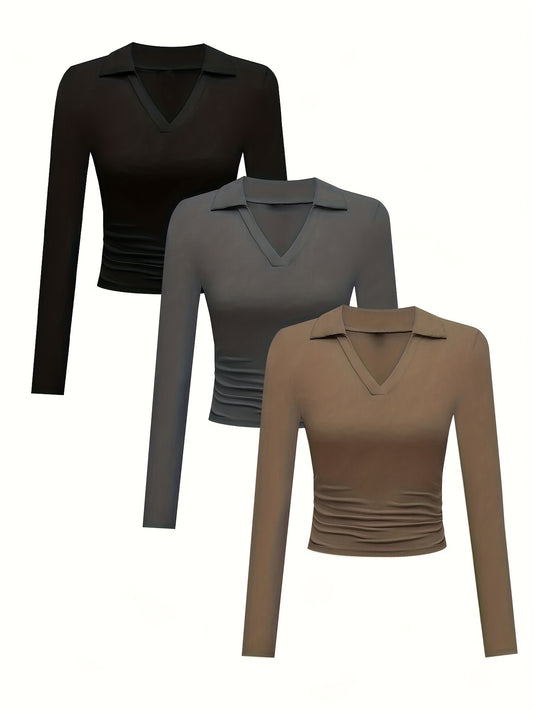 Ensemble 3 t-shirts côtelés col en V manches longues pour femmes – top printemps/automne
