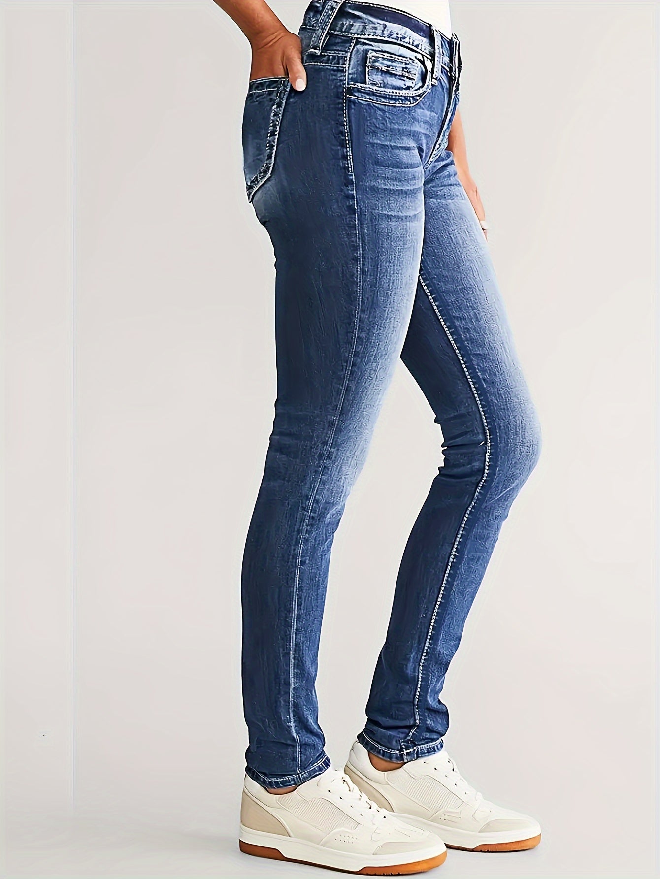 Jeans Femme Extensible Rétro Polyvalent Décontracté Élégant Taille Mi-Haute Durable Lavable Slim Poches Jambe Droite Style Street