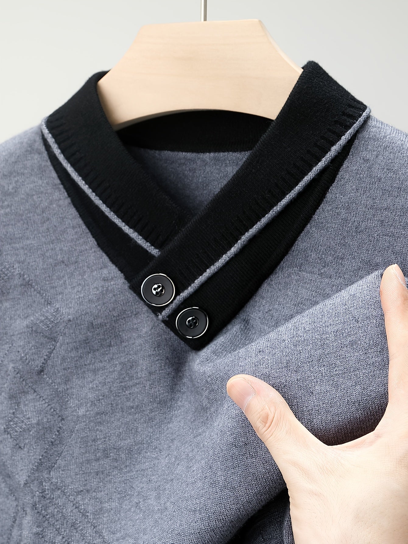 1pc Men'S Winter V-Neck Sweater with Dual Button Detail - Color Block Knit Pullover, Viscose Fabric, Long Sleeve, Regular Fit, Casual Style for Fall/Winter - Soft, Warm, Skin-Friendly Inner Layer, Thick