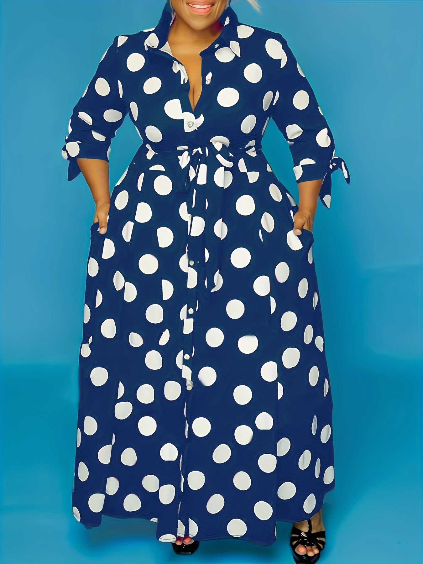 Robe Élégante Grande Taille – Femme, Maxi Robe à Pois, Boutonnée, Col avec Ceinture