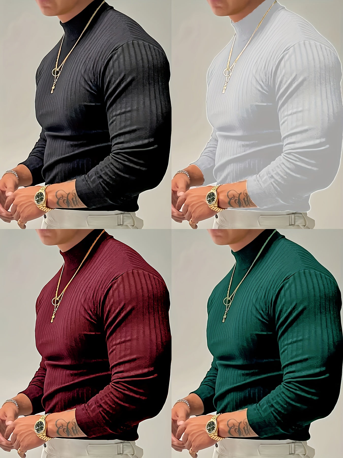 Set of 4 Men'S Solid Color Textured Ribbed Slim-Fit Long Sleeve T-Shirts for Casual Sports.