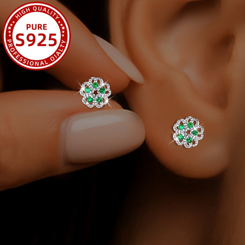 1 paire de boucles d’oreilles élégantes style français à fleur creuse avec zirconia synthétique vert – 1,1 g, argent sterling 925
