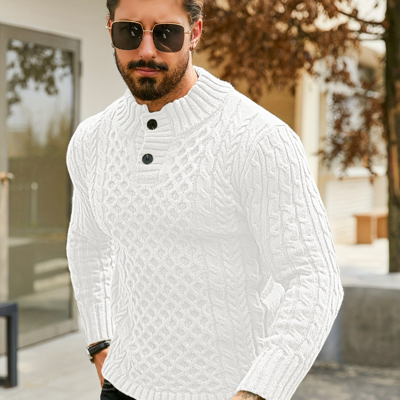 Men's Thermal Stand Collar Cable Knit Sweater - Striped H-Shape Regular Fit Pullover, Machine Washable Winter Sweater with Ribbed Detailing for Autumn & Winter, Knit Sweater, Medium Elasticity Fabric