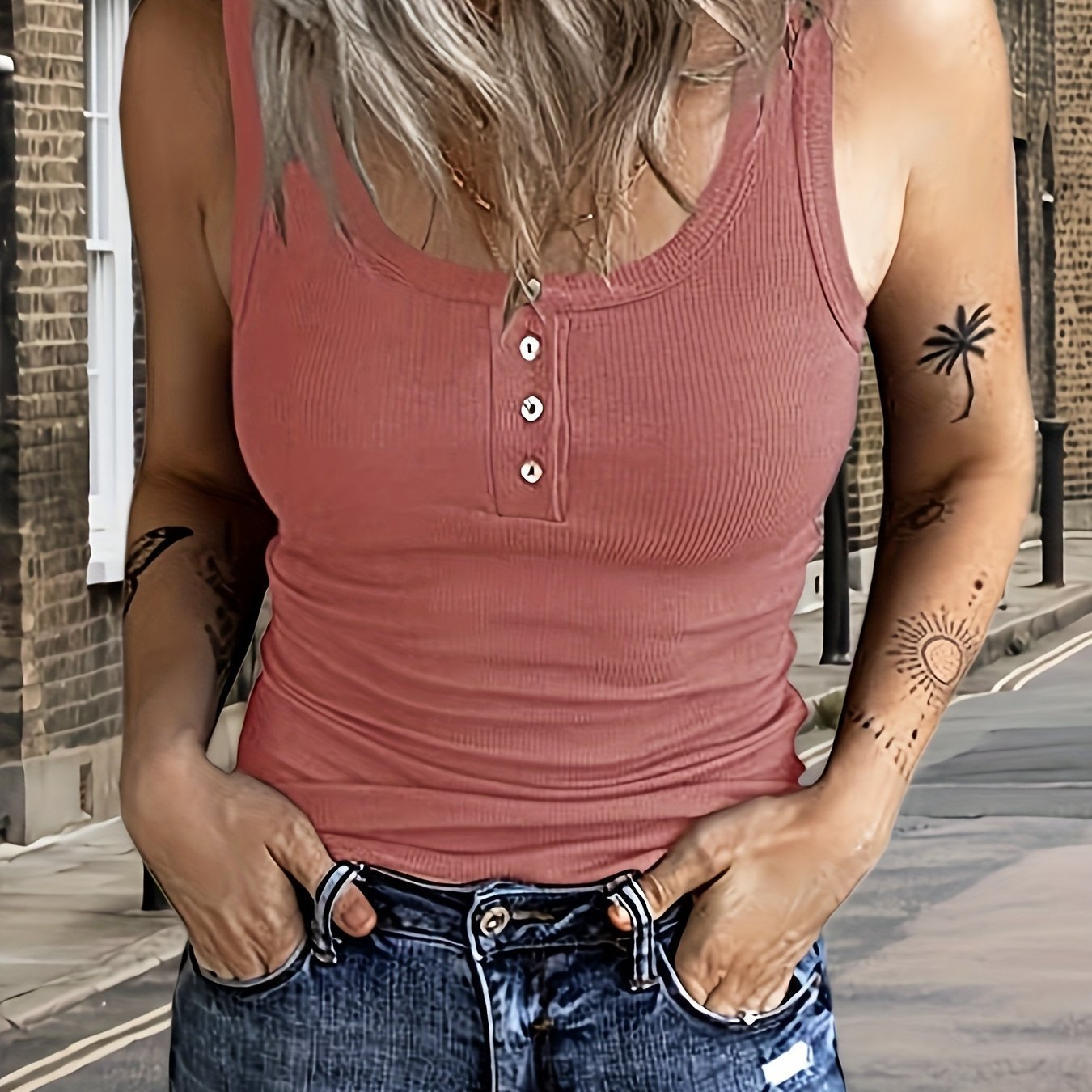 Top sans manches sexy pour femmes – Col rond, rose pastel, léger, patte de boutonnage, texture côtelée, lavable en machine, parfait pour plage, casual ou tenues habillées