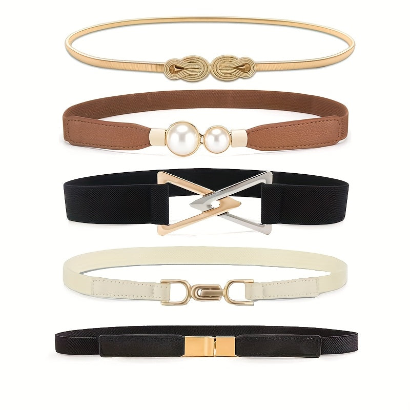 Lot de 5 ceintures élastiques vintage avec boucles assorties (printemps, chaîne, en U) – Ceinture étroite extensible pour robes, jupes et jeans, pour mariages, fêtes et usage quotidien, accessoire polyvalent pour toutes occasions