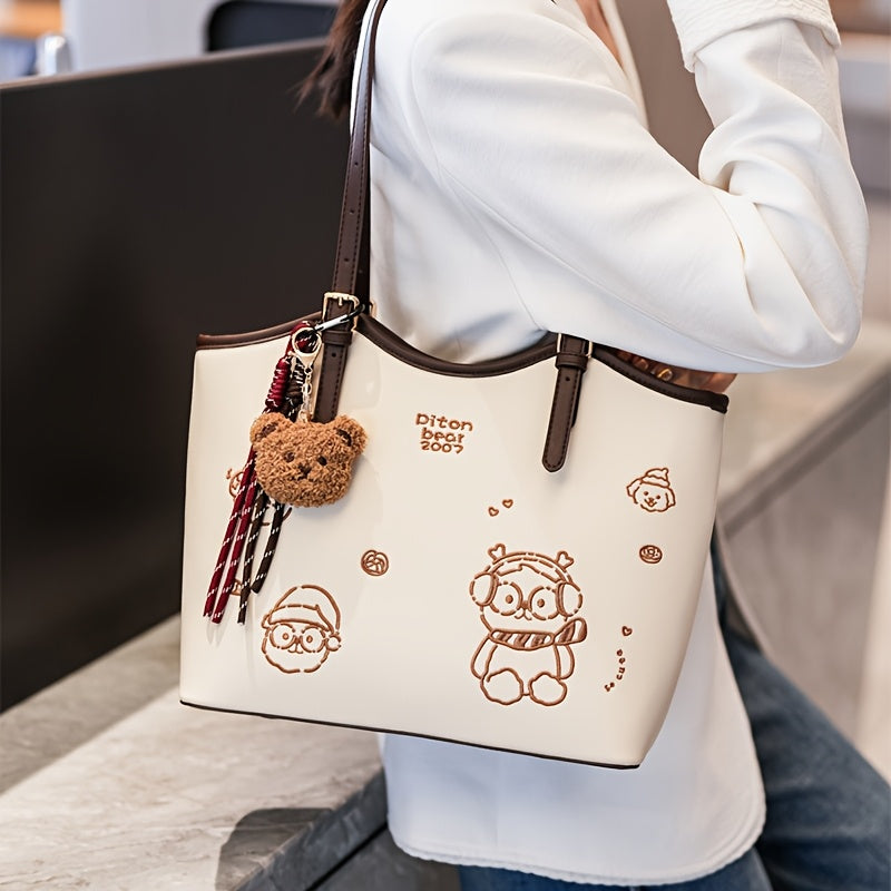 Sac Cabas Femme Stylé – Grande Capacité, Détails Marron, Motif Animal Amusant, Parfait pour le Quotidien et les Déplacements, Poignées Solides