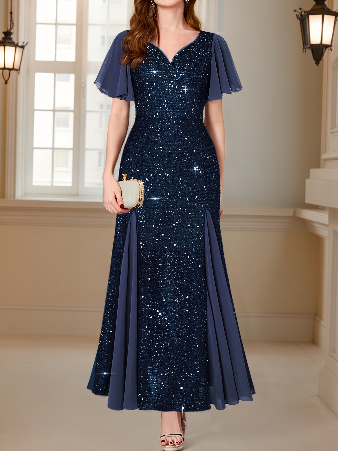 Women'S Elegant Sequin Lace Evening Maxi Dress with Sweetheart Neckline & Ruffle Sleeves - Floor-Length Formal Party Wedding Guest Dress in Navy Red/, All-Season Luxury Bridesmaid Gown for Galas & Special Occasions, Wedding D