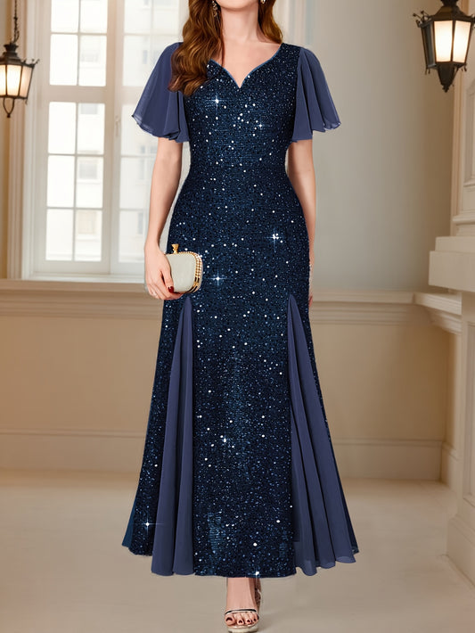 Women'S Elegant Sequin Lace Evening Maxi Dress with Sweetheart Neckline & Ruffle Sleeves - Floor-Length Formal Party Wedding Guest Dress in Navy Red/, All-Season Luxury Bridesmaid Gown for Galas & Special Occasions, Wedding D