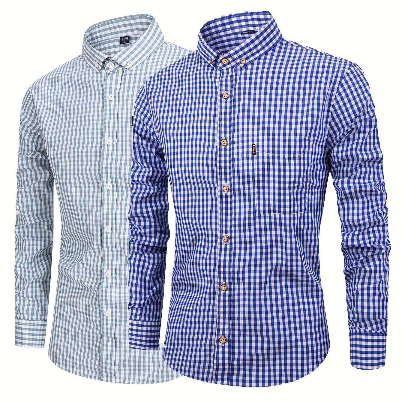 Men's cotton plaid casual long sleeve shirt; 2pcs