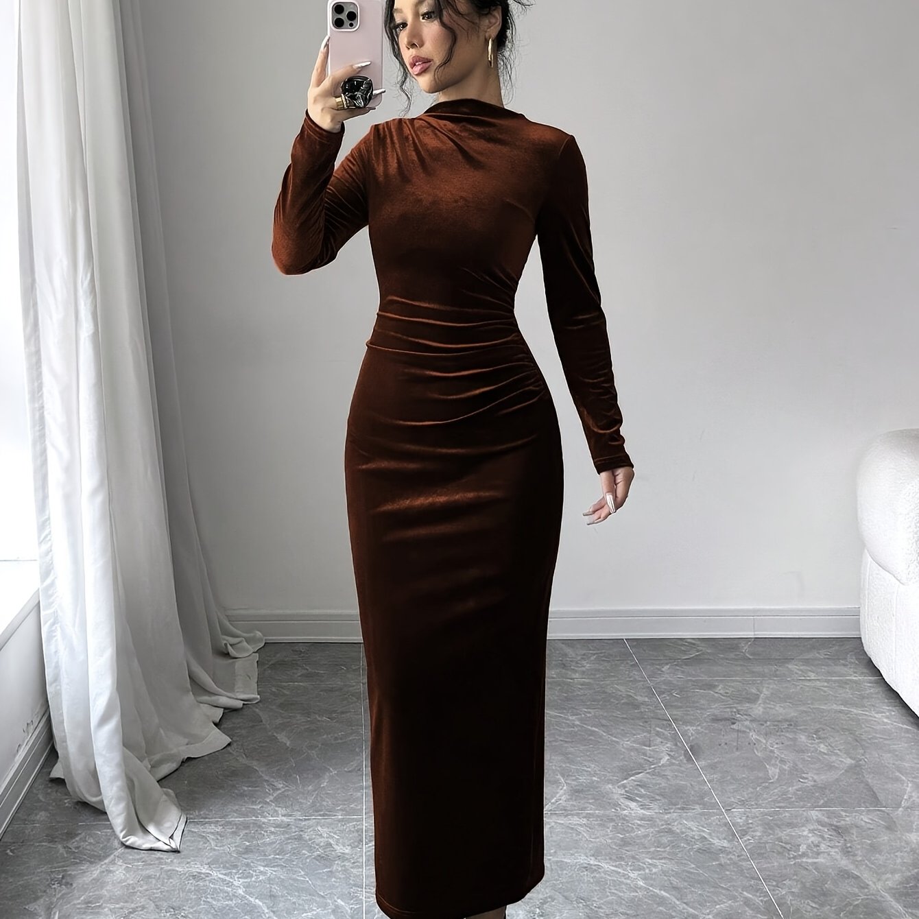 Women's Elegant Asymmetric Long Maxi Dress with Stand Collar & back slit - Solid Color Fitted Gown, Machine Washable Wedding Guest Gown, Prom Dress, for all-Season Wear - Formal Evening Dress
