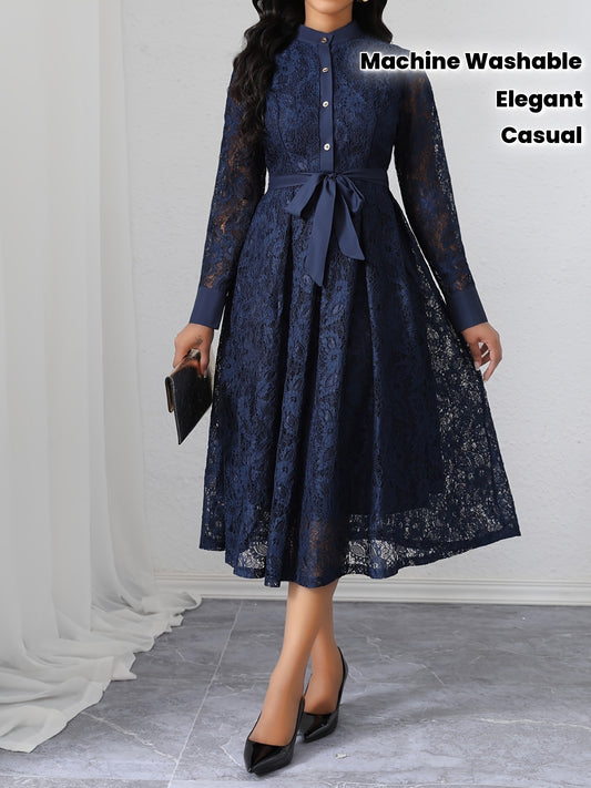 Robe Longue Élégante – Bleu Marine, Dentelle, Coupe Slim avec Ceinture, Manches Longues, Fermeture Boutonnée, Silhouette A-Ligne, Tissu Polyester, Lavable en Machine, Idéale Tenues Décontractées ou Formelles