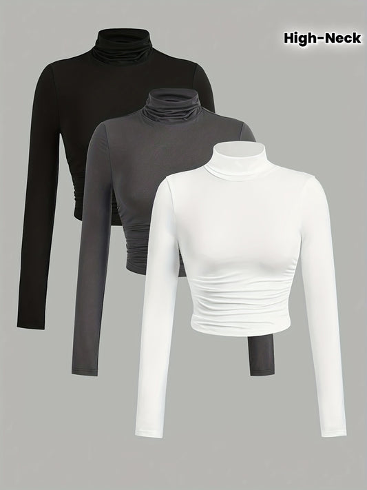 Lot de 3 Tops Femme Col Montant Manches Longues – Couleurs Unie Noir, Blanc et Gris