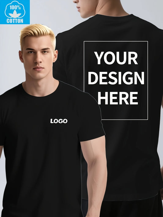 Men's Custom Text/Logo T-Shirt 100% Cotton Personalized Short Sleeve Round Neck Casual Summer Top with Your Own Text, Photo or Logo Printing - DIY Orders Suitable for Events, Promotions, Gifts (Men's Fashion)