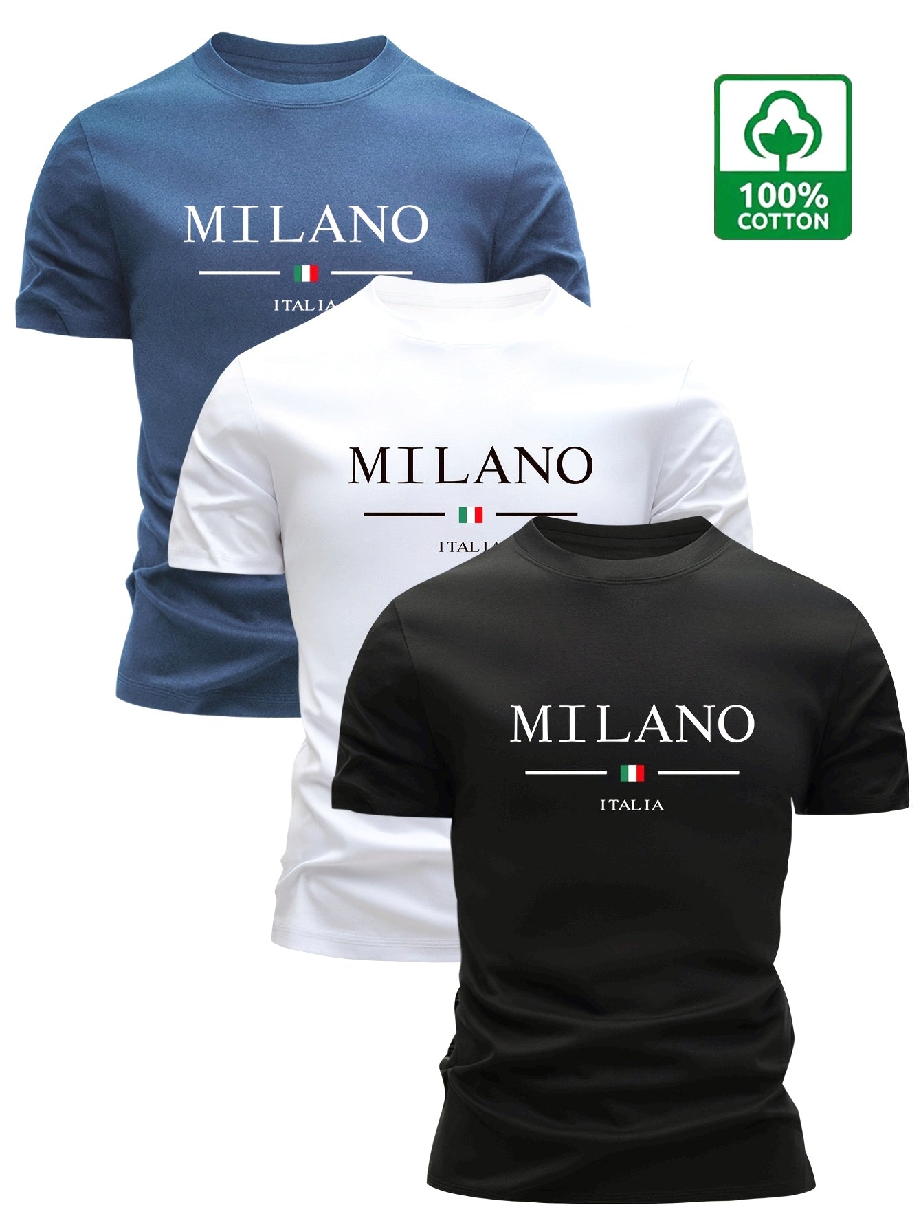 Set of 3 100% T-Shirts, Casual Letter Print Tees, Men'S Round Neck Tops, Perfect for Summer.