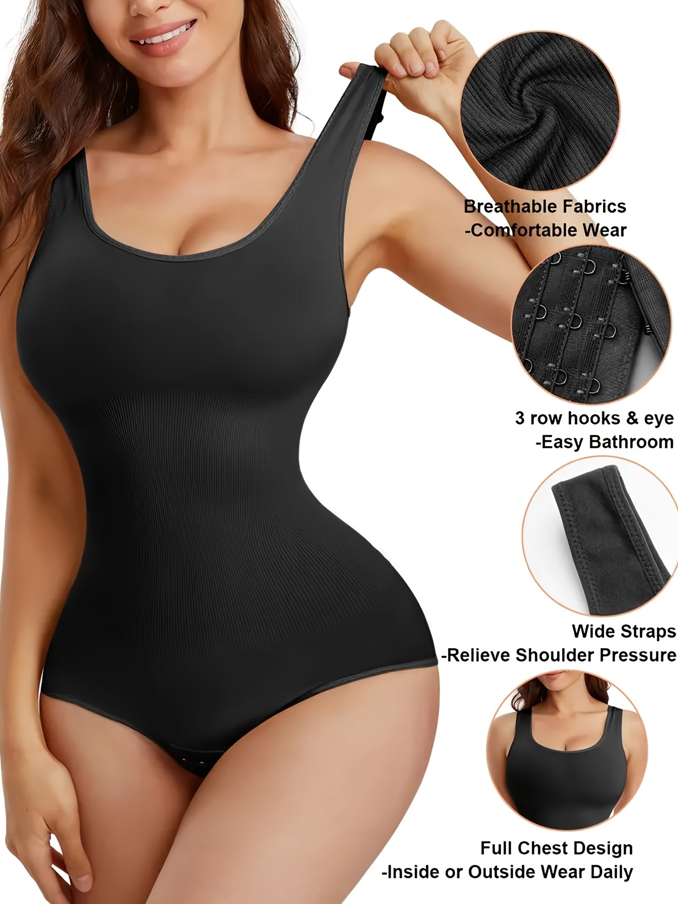 Body sculptant taille haute pour femme, contrôle du ventre, sans couture en nylon respirant, fermeture à 3 crochets pratique pour les toilettes, bretelles réglables, soulagement de pression, poitrine entièrement couverte