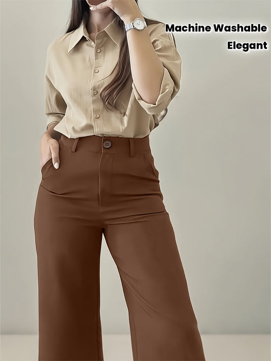Pantalon Femme Élégant Jambe Large – Fermeture Zippée Sans Ceinture, Poches, Bureau et Tenue Formelle, Tous Saisons, Lavable en Machine