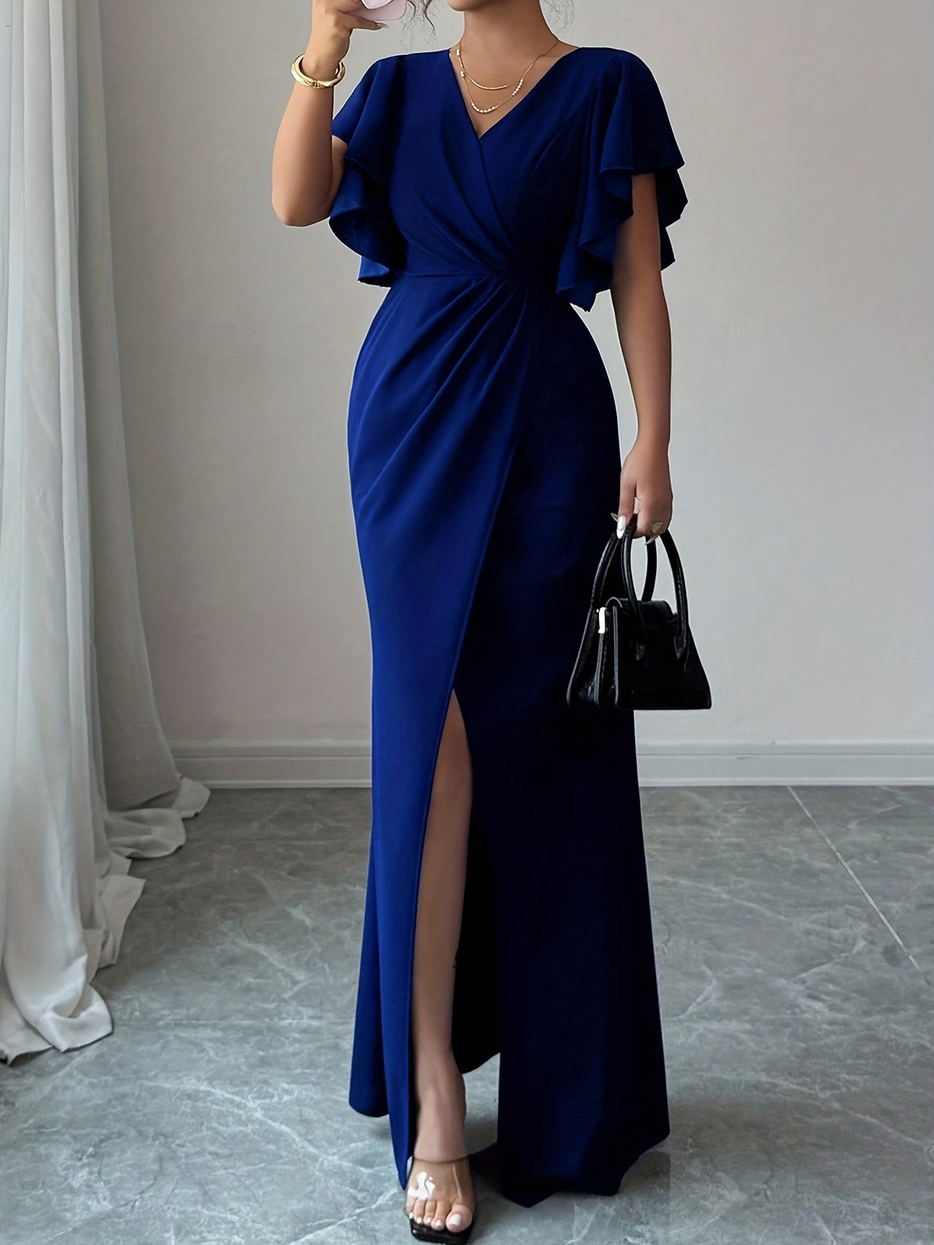 Elegant Solid Color Women'S Dress with a Fitted Waist And Split Hem in Royal Blue, Long Autumn Dress for Women WJ493