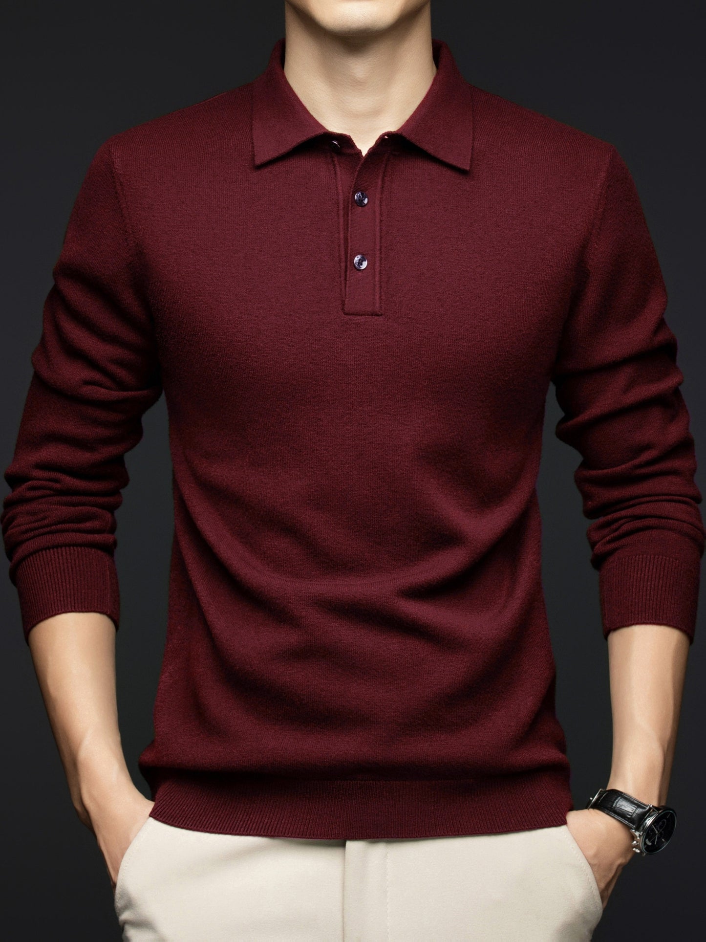 Men's Winter Warm Wool Blend Shirt - Burgundy Collar Button-Front Sweater Jacket, Long Sleeve Solid Color Casual & Formal Wear, Hand Washable Pullover Sweater Coat