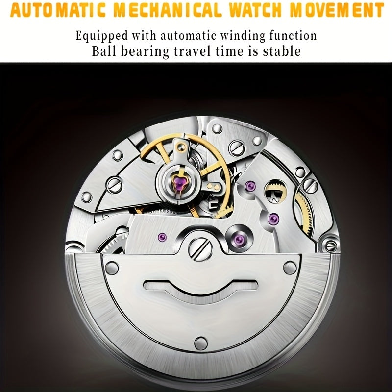 Luxury Men'S Fully Automatic Mechanical Watch with Luminous Calendar & Date Display - Stainless Steel Strap, Golden-Tone Dial, Business & Formal Wear, Without Battery, Formal Accessory, Professional Men, Stylish Men