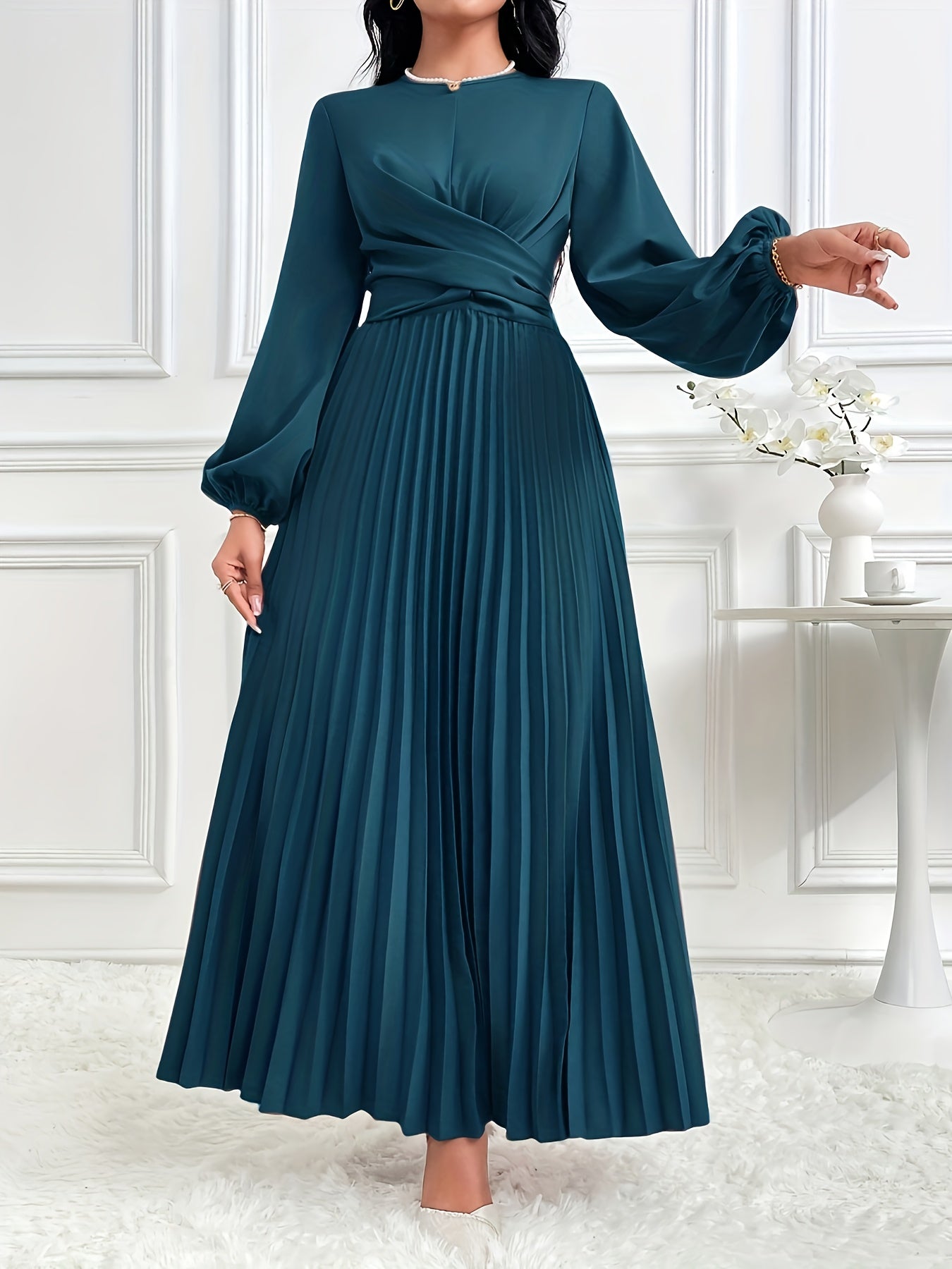Women's Solid Color Lantern Sleeve Ruffled Elegant Arabic Dress