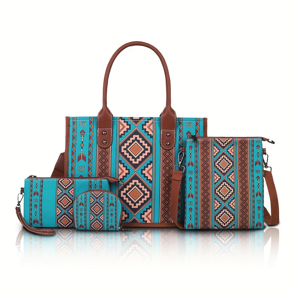 Set de 4 Sacs Cabas Boho Chic – Bandoulière Ajustable, Grande Capacité, Style Ethnique Vintage, Polyester Imprimé Aléatoire, Idéal Vacances et Cadeaux