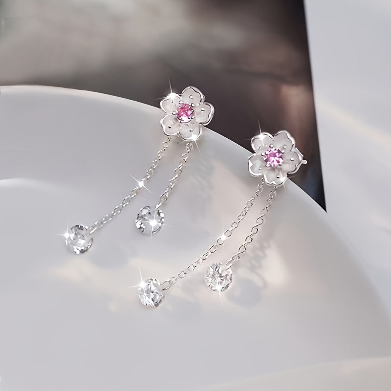 1 paire de boucles d’oreilles pour femmes, élégantes et classiques, motif fleur de cerisier avec pampilles, plaqué argent 925, idéal cadeau pour anniversaires, mariages, rentrée scolaire, Saint-Valentin, printemps/été.